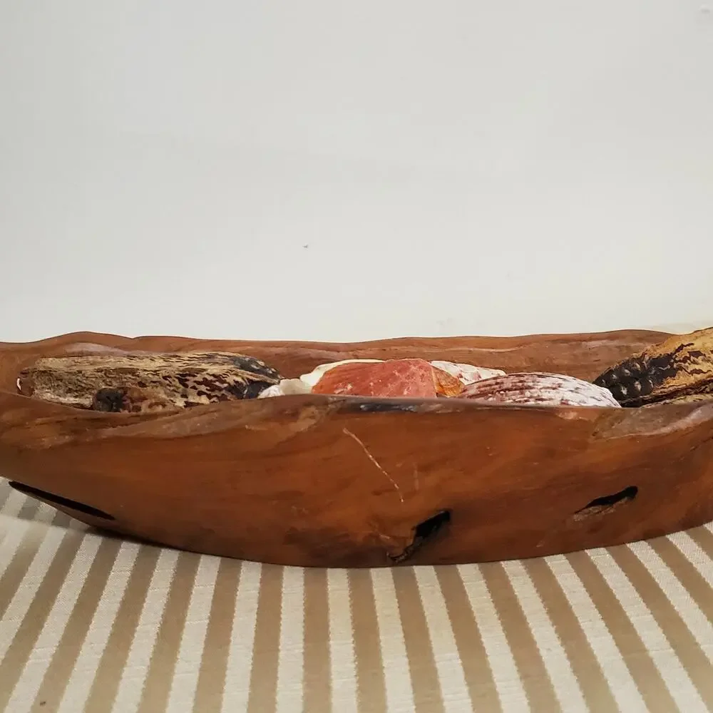 Hand Carved Boat Shaped Teak Wood Bowl Rustic Centerpiece with Filler 18